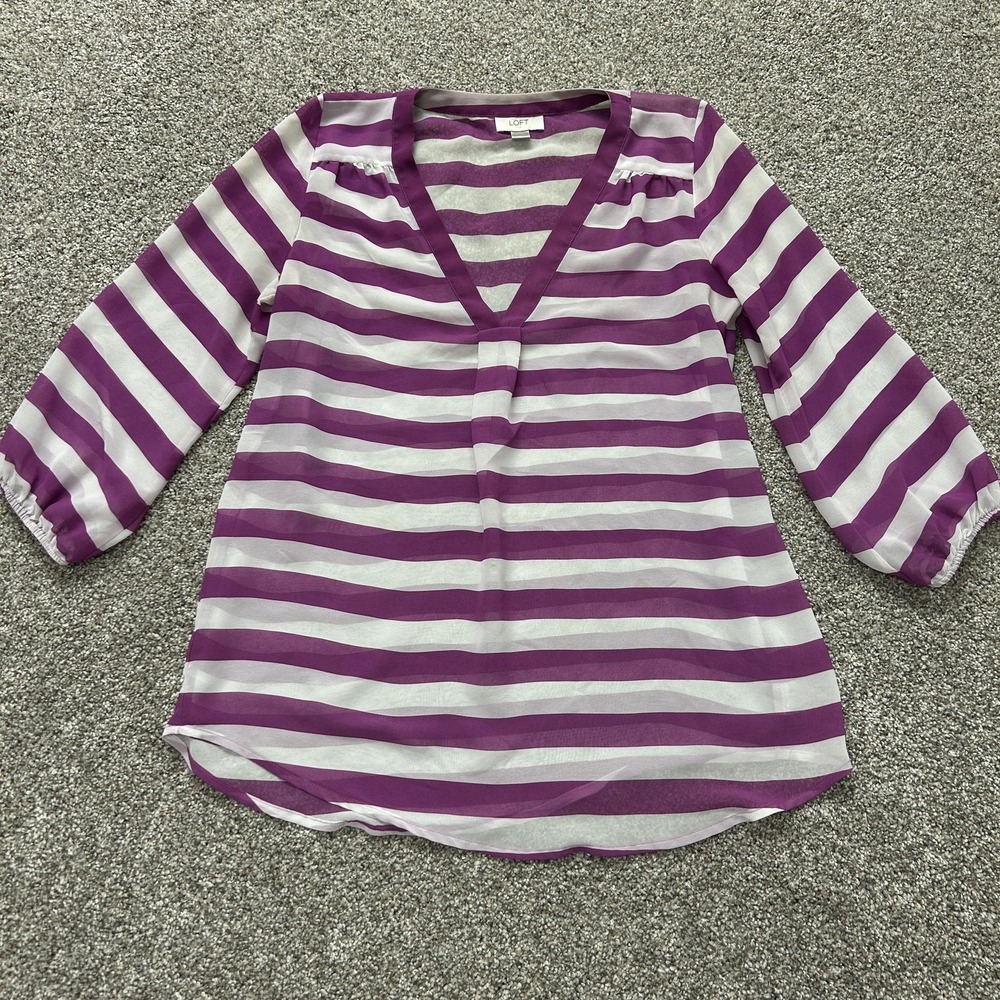 LOFT Blouse Womens S Purple Striped Lightweight V Neck 3/4 Sleeve Tunic Top